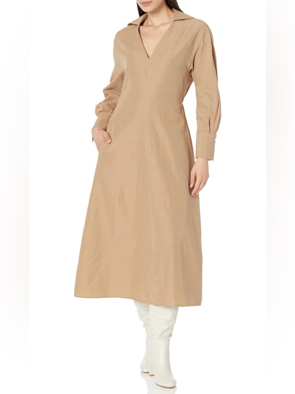 VINCE Cotton/Linen Chemisier Shaped Collar V-Neck Long Sleeve Dress - Picture 2 of 6